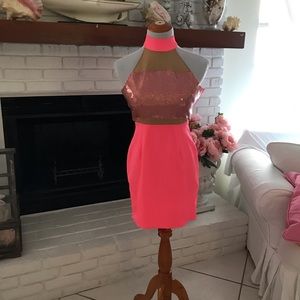 NAVEN Neon Collection size 0 sequin mini halter dress RARE neon coral